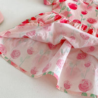 Load image into Gallery viewer, Baby Kid Girls Watercolor Rose Print Puff Sleeve Tiered Ruffle Dress Wholesale  26061731
