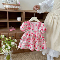 Load image into Gallery viewer, Baby Kid Girls Watercolor Rose Print Puff Sleeve Tiered Ruffle Dress Wholesale  26061731
