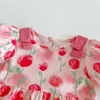 Load image into Gallery viewer, Baby Kid Girls Watercolor Rose Print Puff Sleeve Tiered Ruffle Dress Wholesale  26061731
