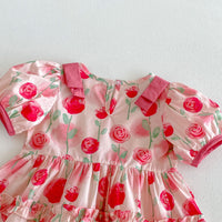 Load image into Gallery viewer, Baby Kid Girls Watercolor Rose Print Puff Sleeve Tiered Ruffle Dress Wholesale  26061731
