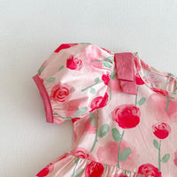 Load image into Gallery viewer, Baby Kid Girls Watercolor Rose Print Puff Sleeve Tiered Ruffle Dress Wholesale  26061731
