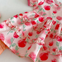 Load image into Gallery viewer, Baby Kid Girls Watercolor Rose Print Puff Sleeve Tiered Ruffle Dress Wholesale  26061731
