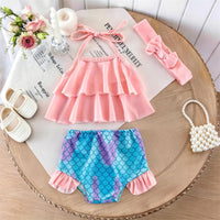 Load image into Gallery viewer, 3 Pieces Set Baby Kid Girls Mermaid Scale Print Halter Ruffle Bikini Swimsuit With Bow Headband Wholesale 26061732
