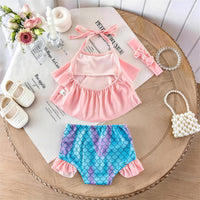 Load image into Gallery viewer, 3 Pieces Set Baby Kid Girls Mermaid Scale Print Halter Ruffle Bikini Swimsuit With Bow Headband Wholesale 26061732

