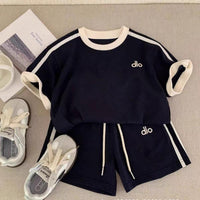 Load image into Gallery viewer, 2 Pieces Set Baby Kid Boys Side Stripe Embroidery Short Sleeve Top And Drawstring Shorts Wholesale 26061733
