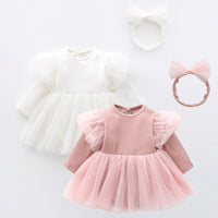 Load image into Gallery viewer, Baby Girls Solid Color Bow Lace Muslin&amp;Ribbed Dresses Wholesale 513310760
