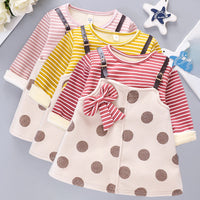 Load image into Gallery viewer, Baby Girl Striped Polka Dot Print Fake Two Piece Dress  Wholesale 69603372
