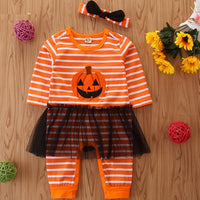 Load image into Gallery viewer, Baby Girls Striped Cartoon Bow Halloween Jumpsuits Headwear Wholesale 649110539
