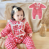 Load image into Gallery viewer, Baby Kid Girls Checked Bow Lace Jumpsuits Wholesale 901710454
