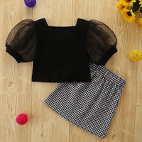 Load image into Gallery viewer, 2 Pieces Set Baby Kid Girls Solid Color Tops And Checked Skirts Wholesale 220322247
