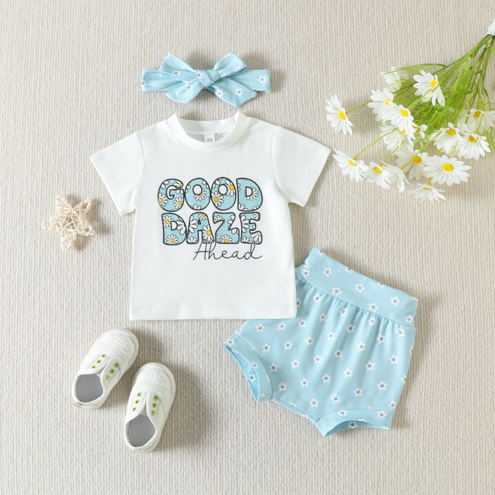 3 Pieces Set Baby Girls Letters Flower Print T-Shirts Shorts And Bow Headwear Wholesale 230407513