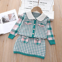 Load image into Gallery viewer, 2 Pieces Set Baby Kid Girls Checked Crochet Cardigan And Skirts Wholesale 220909418
