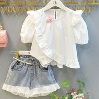 Load image into Gallery viewer, 2 Pieces Set Kid Girls Solid Color Blouses And Lace Shorts Wholesale 220524295
