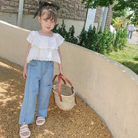 Load image into Gallery viewer, 2 Pieces Set Kid Girls Solid Color Tops And Ripped Pants Jeans Wholesale 220524282
