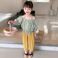 Load image into Gallery viewer, 2 Pieces Set Kid Girls Flower Print Tops And Solid Color Pants Wholesale 220524290
