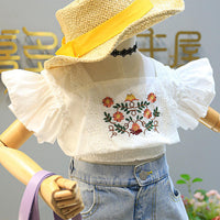 Load image into Gallery viewer, 2 Pieces Set Kid Girls Flower Embroidered Tops And Lace Shorts Wholesale 220524119
