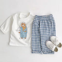 Load image into Gallery viewer, 2 Pieces Set Baby Kid Unisex Cartoon Print Tops And Checked Pants Wholesale 220902141
