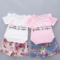 Load image into Gallery viewer, 2 Pieces Set Baby Kid Girls Striped Letters Print Tops And Flower Shorts Wholesale 22033049
