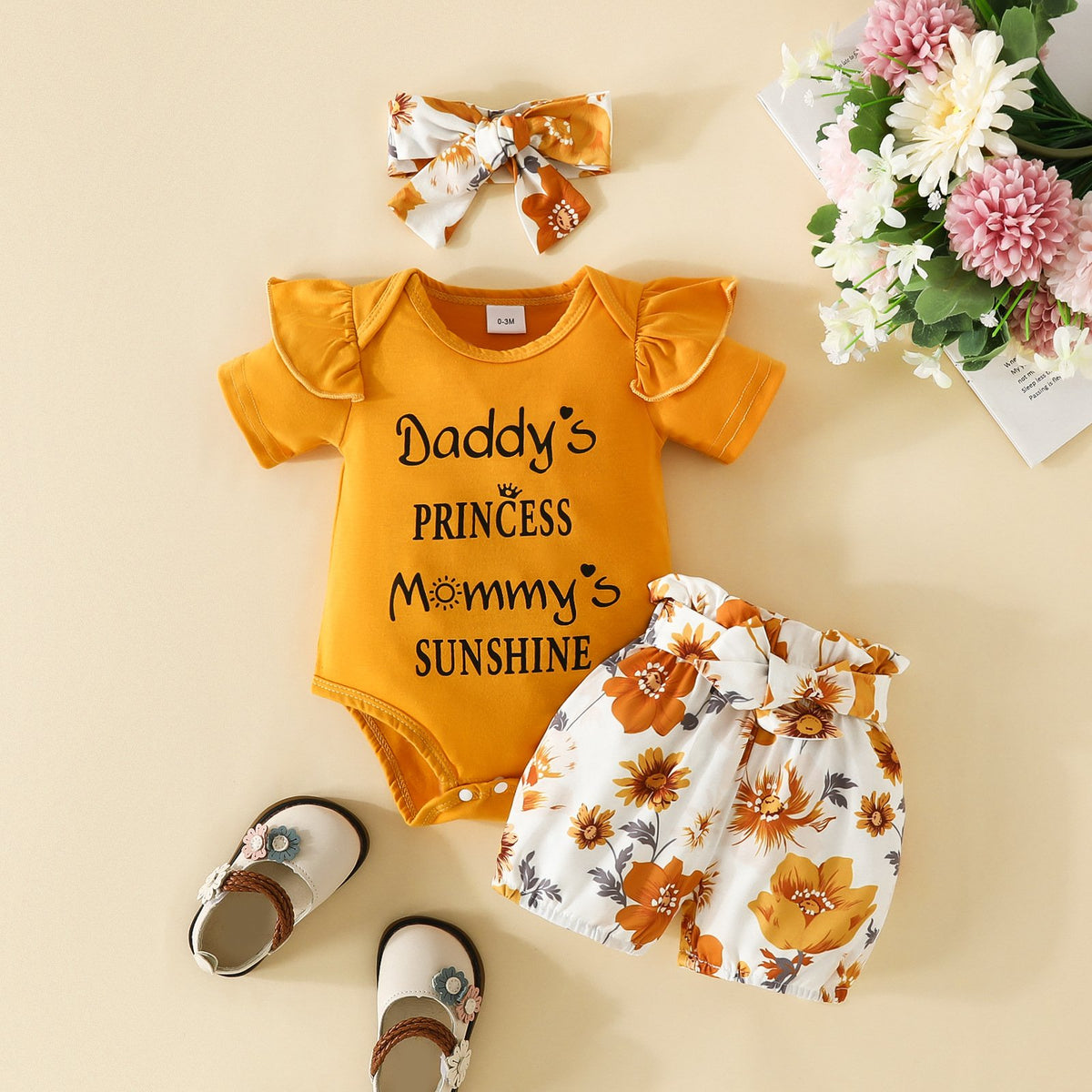 2 Pieces Set Baby Girls Letters Print Rompers And Flower Shorts Wholesale 20240407