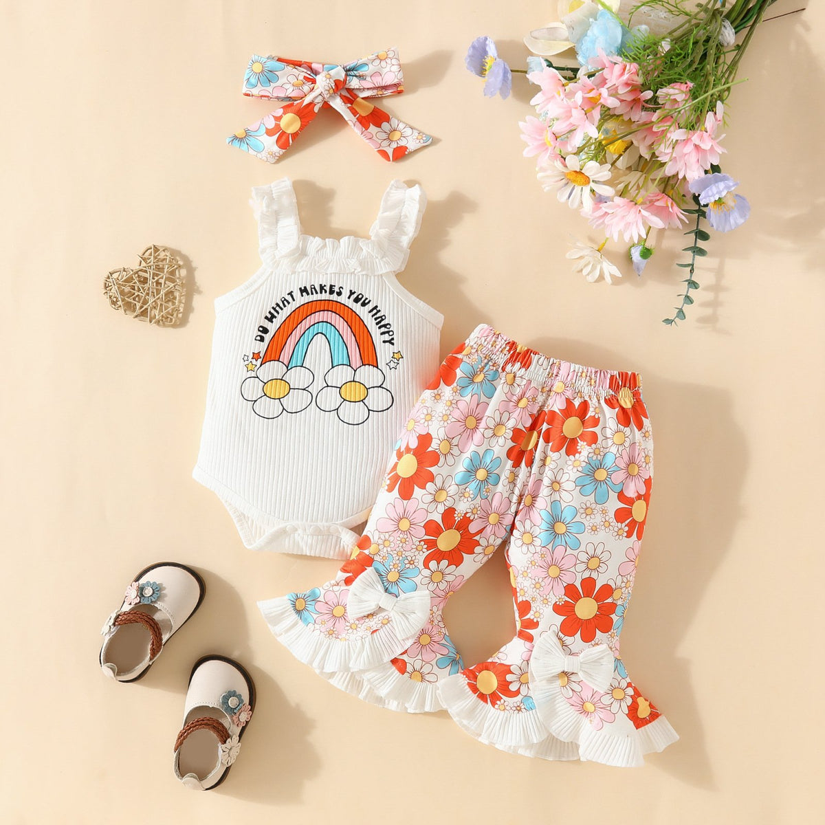 2 Pieces Set Baby Girls Letters Rainbow Print Tank Tops And Flower Pants Wholesale 20240409