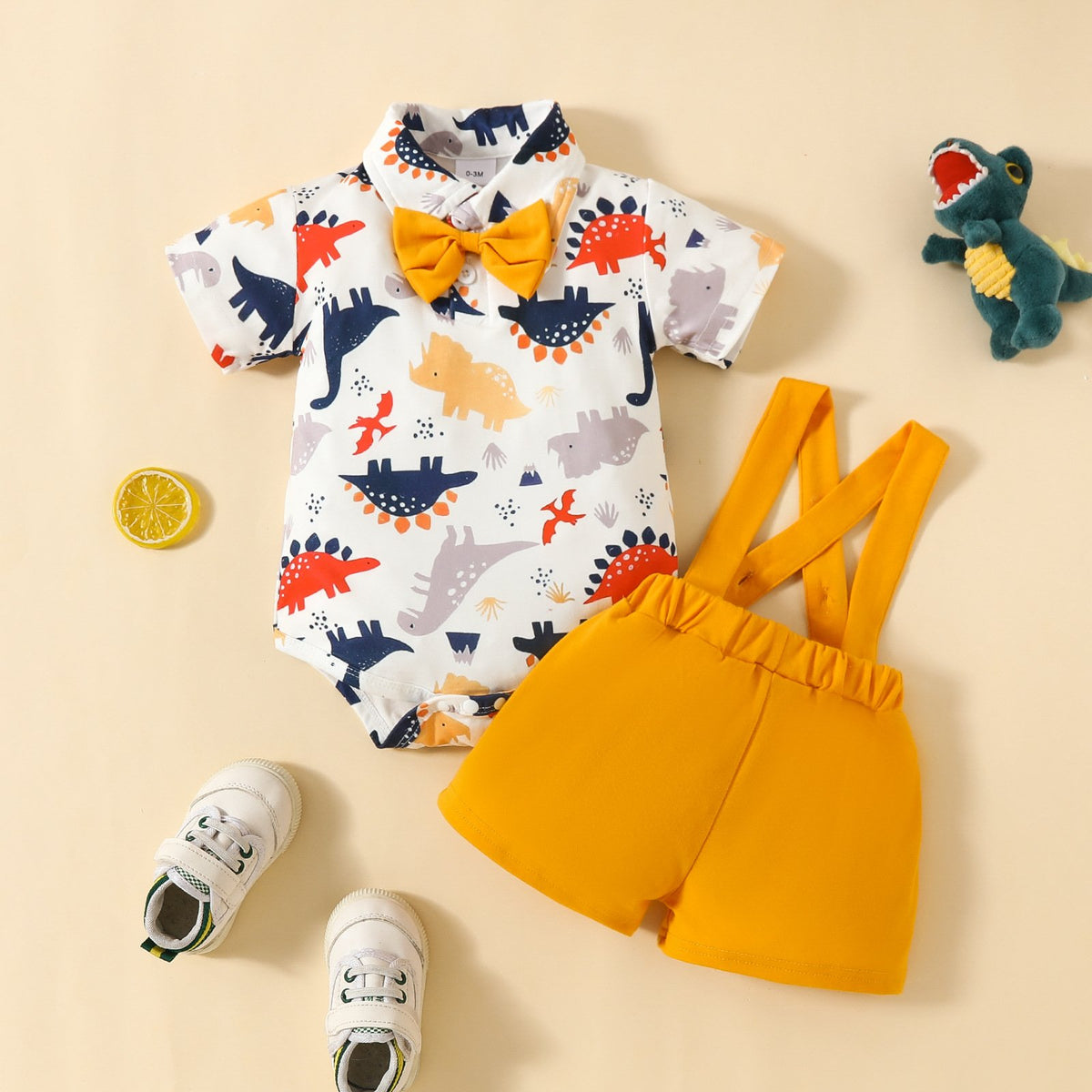 2 Pieces Set Baby Boys Dinosaur Car Cartoon Print Rompers And Solid Color Shorts Wholesale 20240415