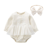 Load image into Gallery viewer, Baby Girls Bow Lace Muslin&amp;Ribbed Rompers Wholesale 026010767
