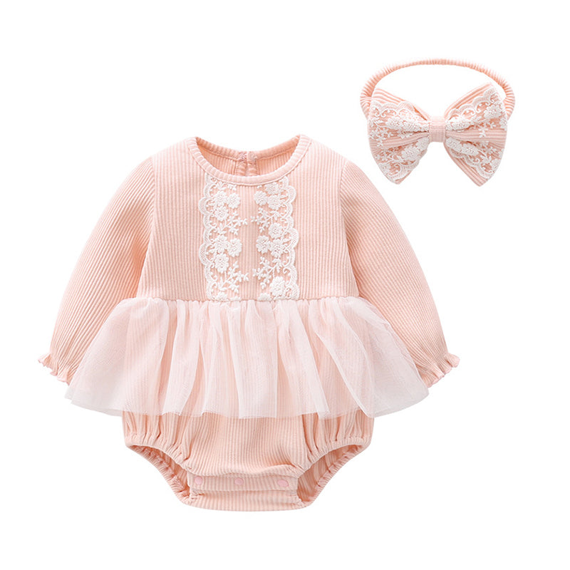 Baby Girls Bow Lace Muslin&Ribbed Rompers Wholesale 026010767