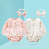 Load image into Gallery viewer, Baby Girls Bow Lace Muslin&amp;Ribbed Rompers Wholesale 026010767
