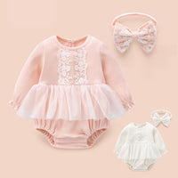 Load image into Gallery viewer, Baby Girls Bow Lace Muslin&amp;Ribbed Rompers Wholesale 026010767
