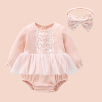 Load image into Gallery viewer, Baby Girls Bow Lace Muslin&amp;Ribbed Rompers Wholesale 026010767
