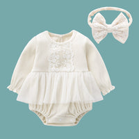 Load image into Gallery viewer, Baby Girls Bow Lace Muslin&amp;Ribbed Rompers Wholesale 026010767
