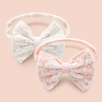 Load image into Gallery viewer, Baby Girls Bow Lace Muslin&amp;Ribbed Rompers Wholesale 026010767
