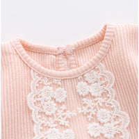 Load image into Gallery viewer, Baby Girls Bow Lace Muslin&amp;Ribbed Rompers Wholesale 026010767
