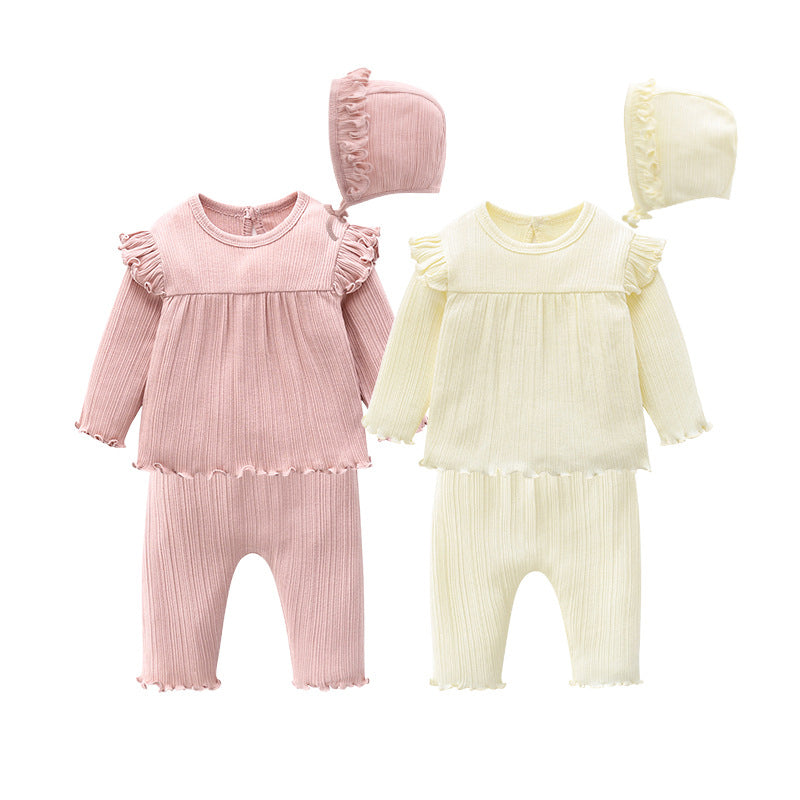 2 Pieces Set Baby Girls Solid Color Muslin&Ribbed Tops And Pants Wholesale 028610841