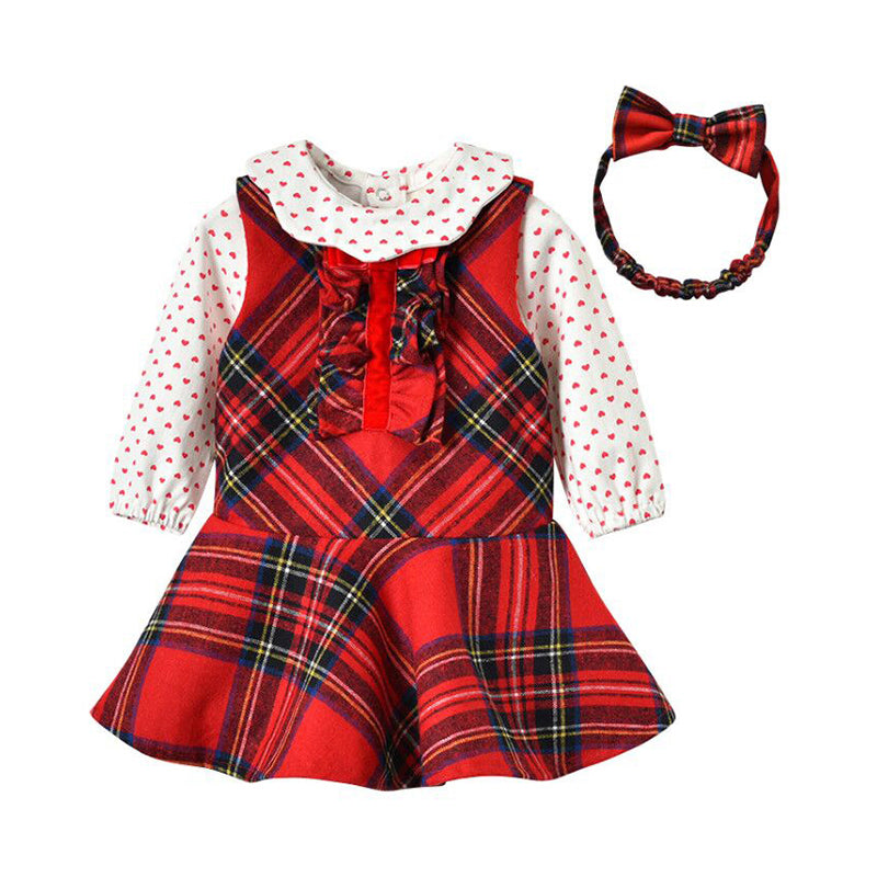 3 Pieces Set Baby Kid Girls Birthday Love heart Print T-Shirts Color-blocking Dresses And Bow Headwear Wholesale 08459550