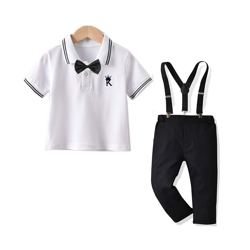2 Pieces Set Kid Boys Dressy Birthday Bow Polo Shirts Solid Color Pants Wholesale 09989695