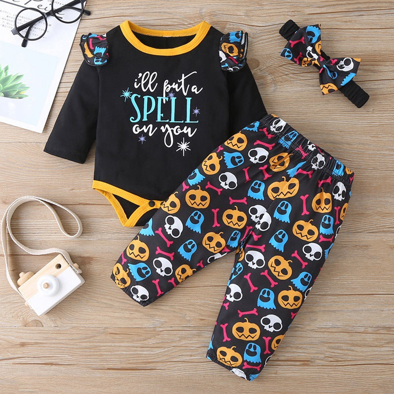 3 Pieces Set Baby Girls Halloween Letters Print Rompers And Plant Pants And Bow Headwear Wholesale 220610595