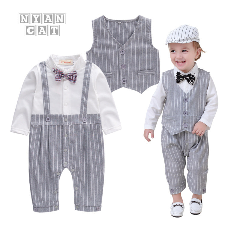 2 Pieces Set Baby Boys Striped Bow Jumpsuits And Vests Waistcoats Wholesale 22061625