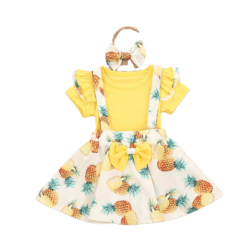 3 Pieces Set Baby Kid Girls Fruit Bow Print Skirts Solid Color Tops And Headwear Wholesale 220407178