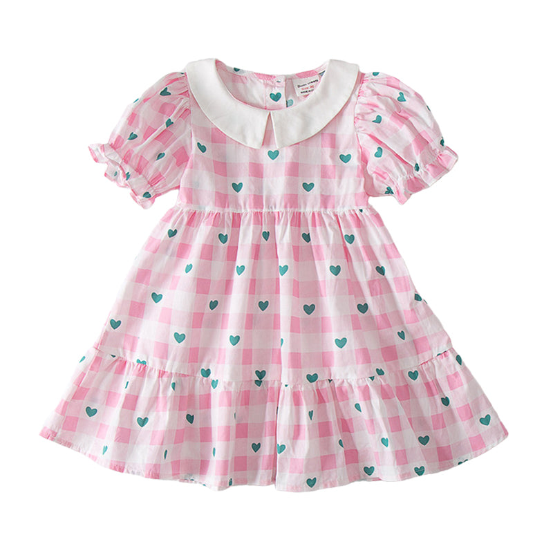Baby Kid Girls Color-blocking Love heart Checked Print Princess Dresses Wholesale 220429442