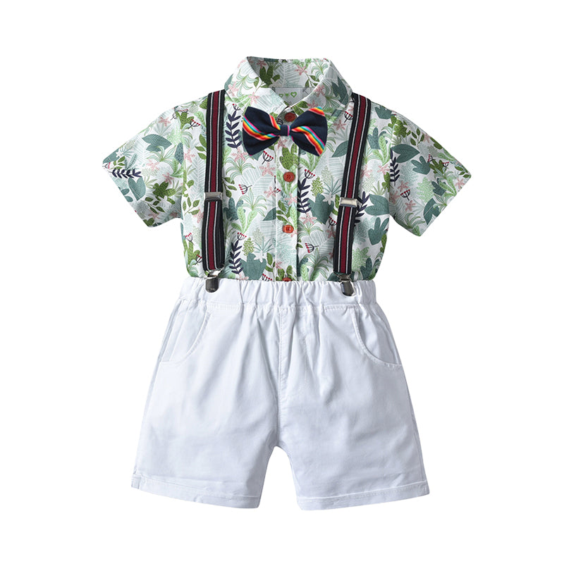 2 Pieces Set Baby Kid Boys Cartoon Plant Bow Print Shirts And Solid Color Rompers Wholesale 220620290