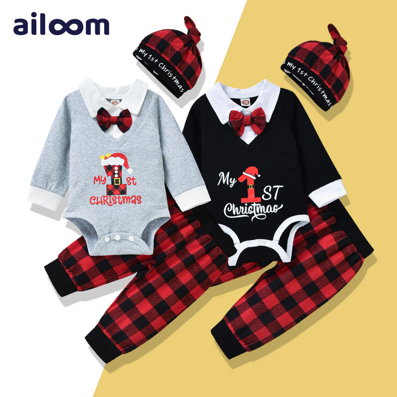 3 Pieces Set Baby Boys Christmas Checked Hats Letters Rompers And Pants Wholesale 221018373