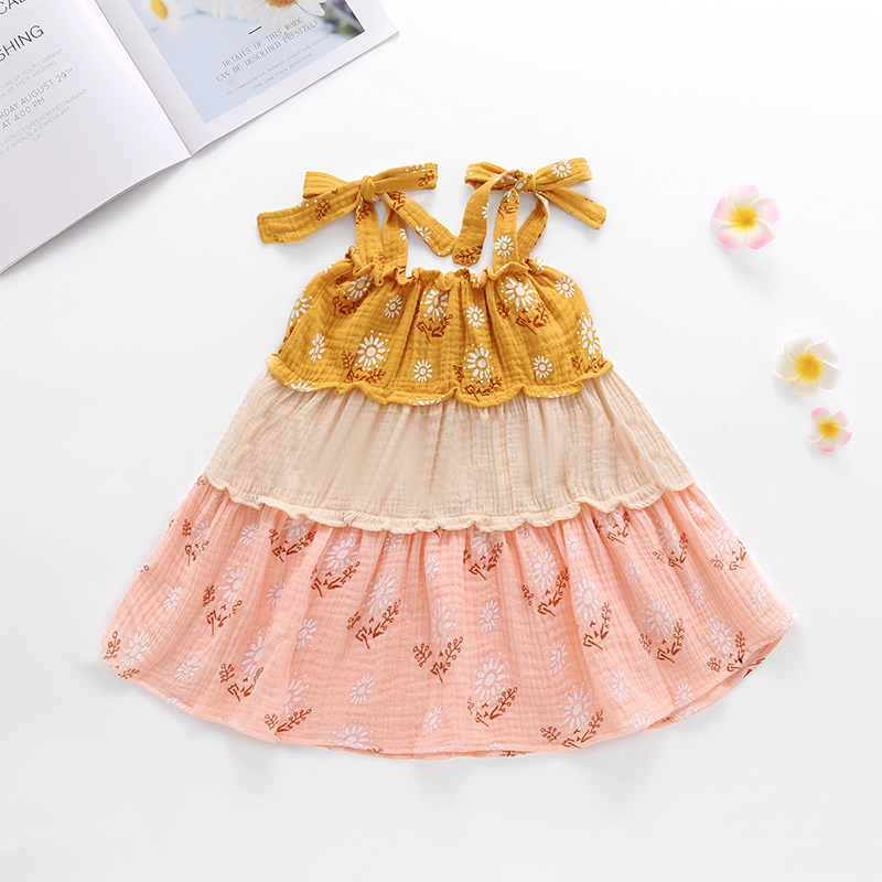 Kid Girl Musilin Colorblock Daisy Flower Cami Dress Wholesale 00143466