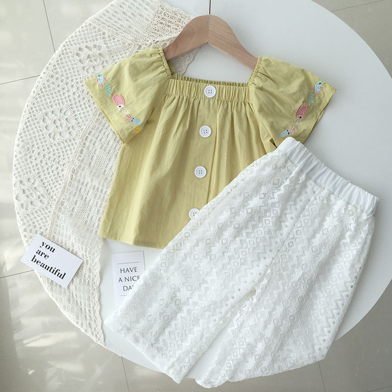 2 Pieces Set Kid Girls Embroidered Tops Solid Color And Lace Pants Wholesale 220610157