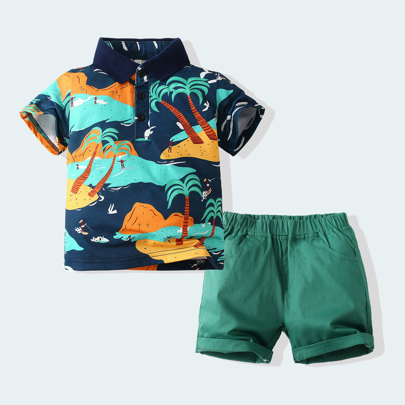 2 Pieces Set Baby Kid Boys Beach Tropical Polo Shirts And Solid Color Shorts Wholesale 230303104