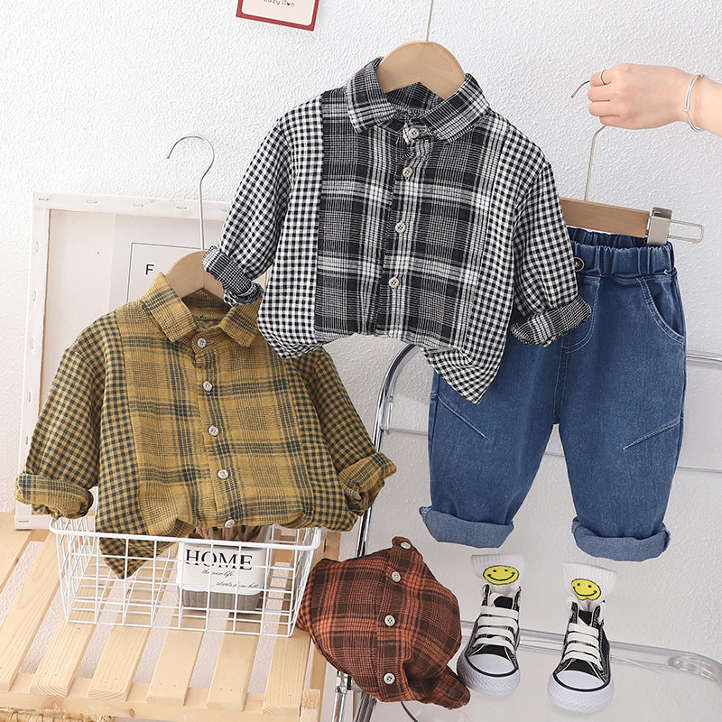 2 Pieces Set Baby Kid Boys Checked Shirts And Solid Color Pants Wholesale 230210174