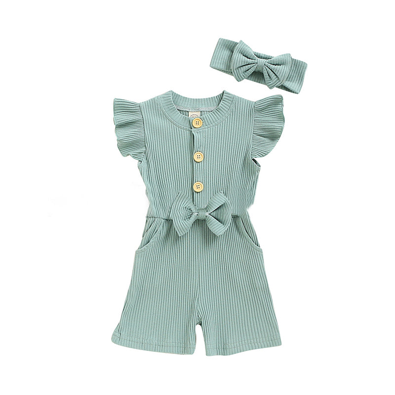 2-Piece Baby Kid Girl Flutter Sleeve Ribbed Plain Romper And Headband Wholesale 95533449