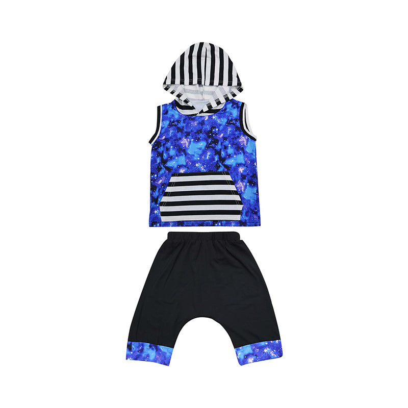 2-Piece Boy Starry Sky Print Set Stripe Hooded Tank Top With Shorts Wholesale 58892523