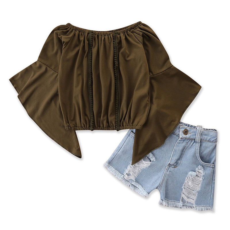 2-Piece Kid Girl Flared Sleeve Off Shoulder Top Matching Denim Shorts Set Wholesale 78542704