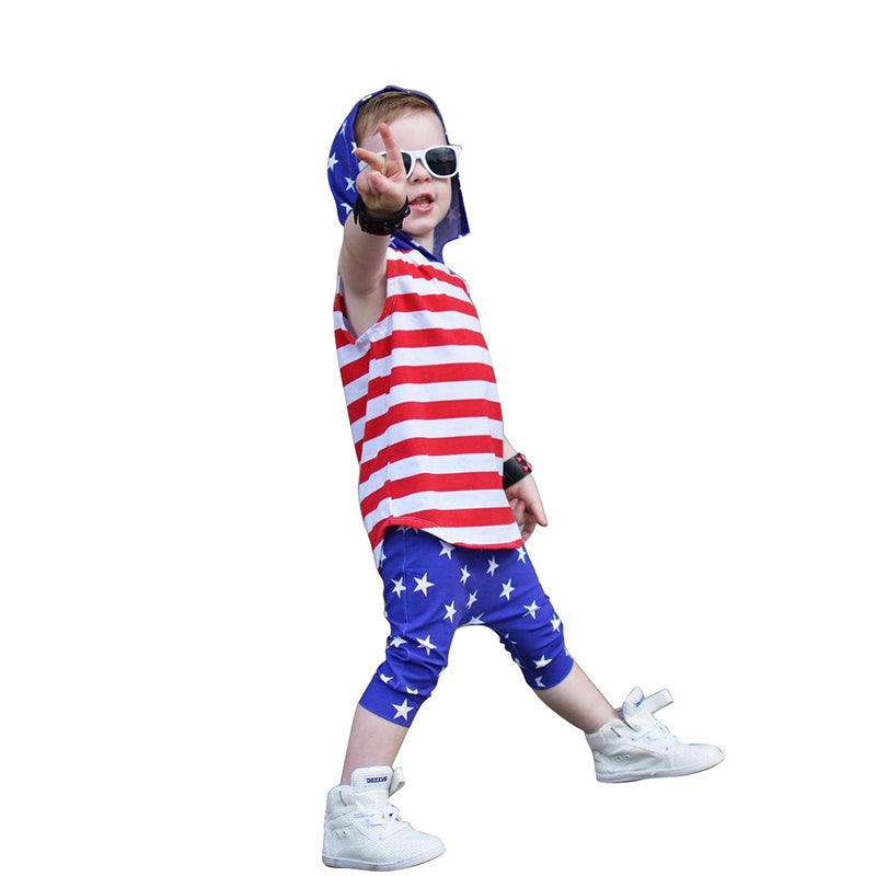 2-Piece Stripe Hooded Tank Top And Star Print Shorts Boy Set Wholesale 78872457